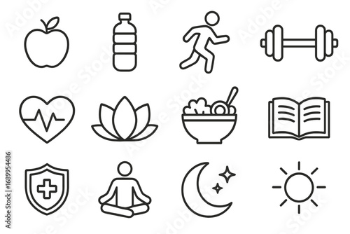 Healthy lifestyle and wellness linear icon set. Health, fitness, relaxation symbols. Yoga, meditation, sport, running, good sleep, nutrition and diet vector icons.