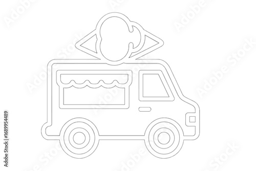 Ice cream truck vector outline icon. Food truck line art illustration. Summer street food concept for graphic design. Mobile van with sweet dessert symbol for web, ads.