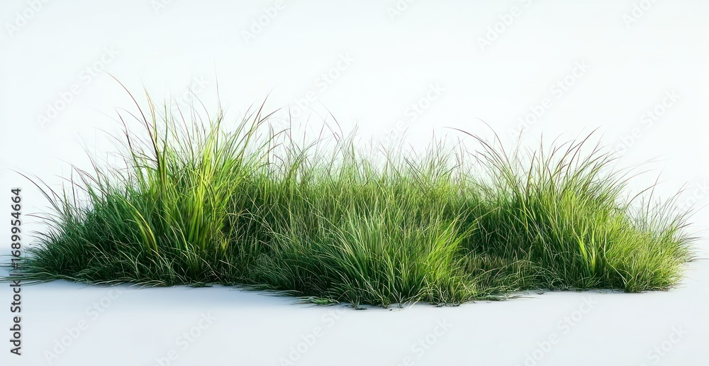 Fototapeta premium Clump of vibrant green grass with slender blades against a stark white background, illuminated with soft, natural light casting subtle shadows
