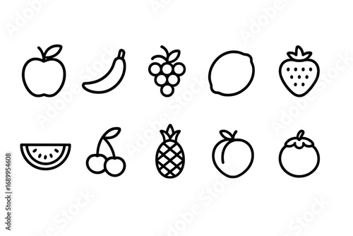 Fruit outline icon set. Simple line art symbols for healthy living and nutrition. Vector collection of fresh organic food icons like apple, banana, strawberry and lemon.