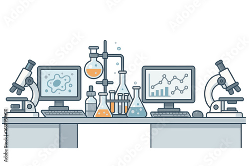 Science research laboratory concept. Vector illustration of a lab workspace with microscope, computer, and chemical test tubes. Biotechnology, chemistry, and medical analysis.