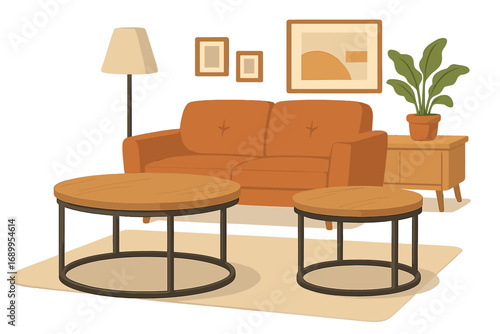 Modern living room interior scene. Cozy home decor with furniture: sofa, wooden coffee tables, lamp, plant. Stylish apartment flat design. Vector cartoon illustration isolated.