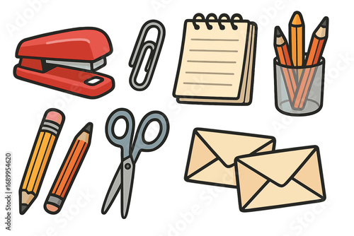 Set of simple office supply icons. Vector cartoon illustration of stapler, paper clip, notepad, pencil, scissors, and envelopes. Stationery for school or business work.