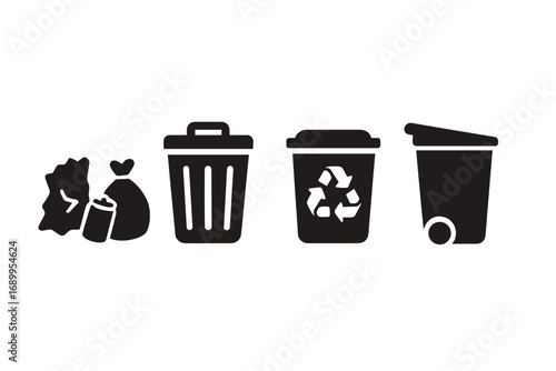 Waste management vector icon set. Trash can, garbage bin, and recycling symbol solid icons. Eco friendly rubbish disposal and litter collection for ecology and environment.