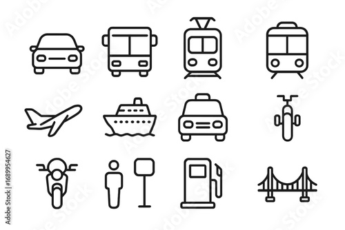 Transportation line icon set. Public transport, travel and commuting symbols collection. Vector car, bus, train, airplane, ship, taxi, bike, gas station and bridge icons.