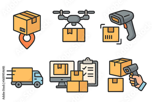 Logistics and delivery service icon set. Shipping, cargo, and package tracking concepts. E-commerce elements like drone, truck, barcode scanner, and online order management.