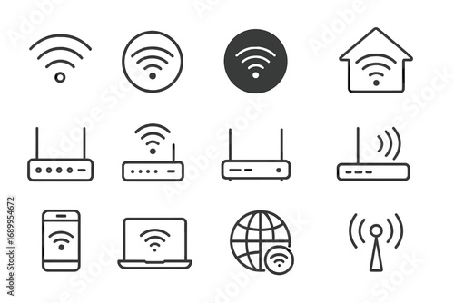 WiFi and Router Thin Line Icon Set. Wireless internet connection, network signal, and technology symbols. Vector outline graphics for web, apps, and mobile interface design.