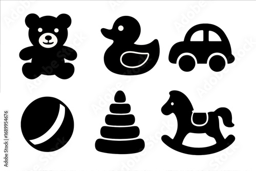 Simple black toy silhouette icon set. Vector collection for kids' design. Teddy bear, rocking horse, duck, car, ball, pyramid. Minimalist childhood graphic elements for playtime.