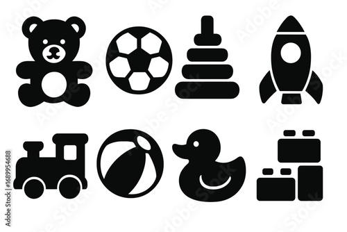 Toy icon set vector. Simple black silhouette collection. Childhood playtime objects. Kids toys graphics. Teddy bear, ball, rocket, train, duck, blocks, pyramid. Baby goods.