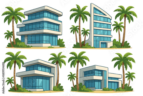 Modern architecture vector illustration set. Cartoon luxury villa, hotel, and office building exteriors with palm trees. Tropical beach house real estate concept. Isolated.