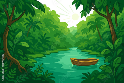 Lush jungle river landscape with a boat. Scenic tropical rainforest for travel, adventure and exploration. Amazon nature background with calm water and palm trees. Vector cartoon.