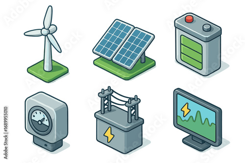 Sustainable energy isometric icon set. Green power vector cartoon collection with wind turbine, solar panels, battery, power meter, substation, and electricity monitoring screen.