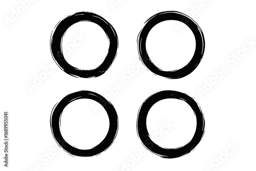 Grunge circle brush vector set. Hand drawn ink frames collection. Black abstract isolated web elements. Round paint brush stroke with distressed texture for design.