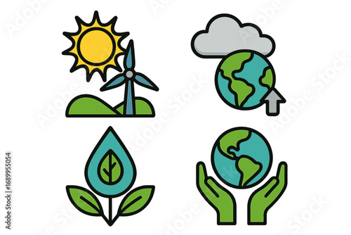 Set of nature icons for sustainability. Renewable energy, greenhouse gas, conservation concepts. Vector illustrations for green power, Earth Day, climate change, ecology.
