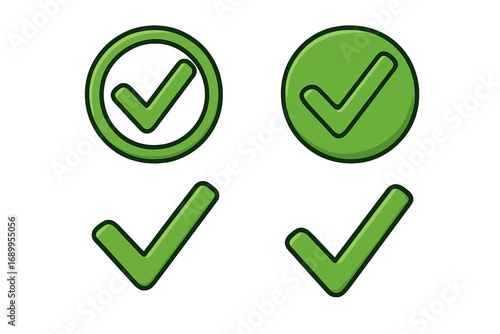 Green check mark icon set. Tick approved symbol. Concept of success, confirmation, acceptance, and agreement. Yes vote button. Correct choice. Passed test. Vector element.