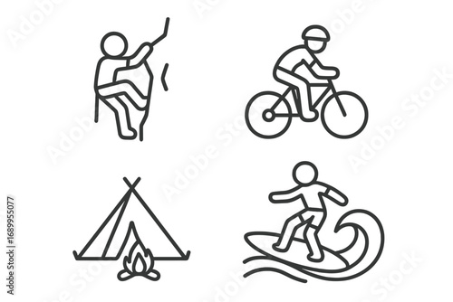 Outdoor adventure icon set. Linear icons for climbing, biking, surfing, and camping. Vector symbols for sports, travel, and active lifestyle. Editable outline pictogram collection.