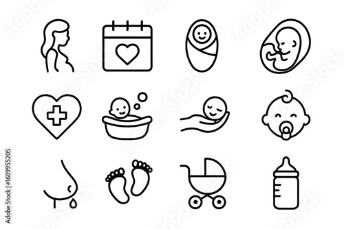 Maternity and newborn line icon collection. Pregnancy, childbirth, baby care vector set. Icons for mother, infant, fetus, breastfeeding, healthcare, stroller, bottle, pacifier.