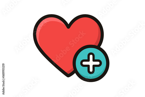 Heart with plus icon vector. Add to favorites, like, or wishlist symbol. Social media follow button. Love, health care, and donation concept. Modern flat cartoon illustration.