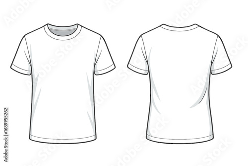 White T-shirt template vector mockup. Front and back view of blank tee shirt. Fashion design technical flat sketch for apparel. Isolated clothing illustration for print.