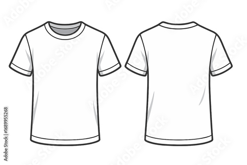 White T-shirt mockup with front and back views. Blank tee shirt design template. Vector cartoon illustration for fashion, apparel design, and clothing concepts. Isolated.