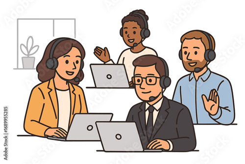 Call center team with headsets. Customer support agents working on laptops. Online communication, remote work concept. Business operators, telemarketing. Vector illustration.
