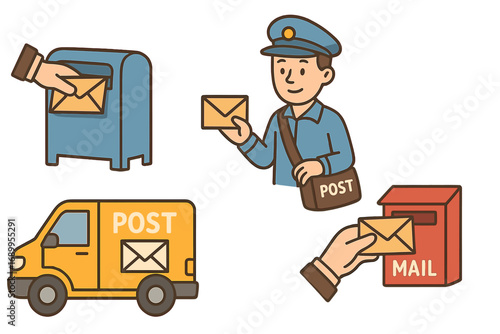 Mail delivery service icon set. Process of sending, receiving letters. Cartoon postman, postal van, mailbox. Post office communication, correspondence concept vector illustration.