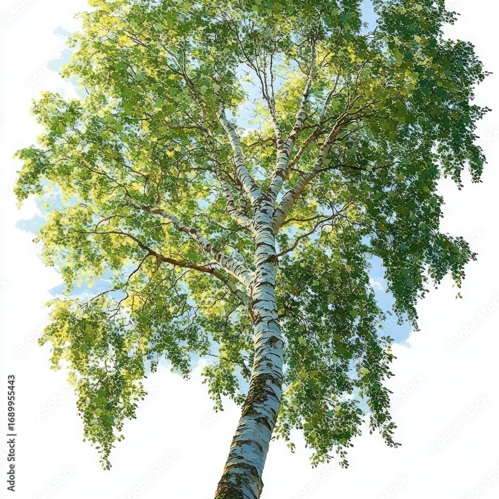 Fototapeta premium Tall birch tree with white bark and lush green leaves against a bright blue sky