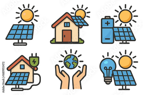 Solar energy icon set. Renewable green power concept. Photovoltaic panel for home. Sun electricity generation. Sustainable technology battery storage. Eco friendly global energy.