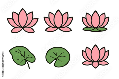Lotus flower and leaf icon set. Vector symbols collection for spa, yoga, and wellness. Pink water lily and green leaf simple cartoon illustrations. Floral logo elements.