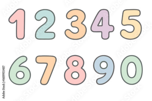 Vector set of hand drawn numbers in pastel colors. Cute cartoon digits 0-9 for kids education, learning to count, and mathematics. Isolated illustration for nursery room decor.