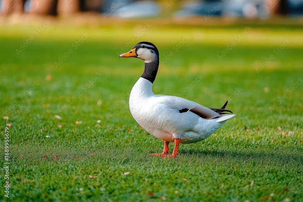 Obraz premium white duck with black markings standing on vibrant green grass in daylight