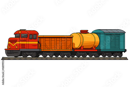 Cargo train vector illustration. Freight locomotive with various wagons: gondola, tank car, and boxcar. Railway transport icon for shipping, logistics, and industry concepts.