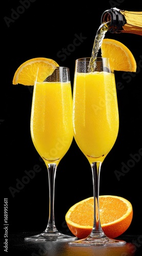 Two tall glasses filled with bubbly orange liquid, garnished with orange slices, stand against a dark background as more liquid is poured in