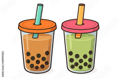 Two bubble tea cups vector cartoon illustration. Boba milk tea and matcha with tapioca pearls. Cute takeaway drink in plastic cup with straw. Isolated beverage icon set.