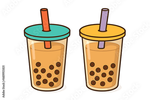 Two cups of bubble tea vector cartoon illustration. Cute boba milk tea with tapioca pearls in plastic takeaway cups with colorful lids and straws. Refreshing summer drink.
