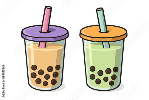 Two colorful bubble tea or boba tea cups with tapioca pearls. Vector cartoon illustration of milk tea and matcha drinks. Asian beverage for menu, isolated graphic element set.