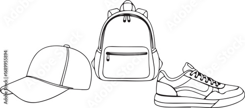 Stylish Cap with Urban Props Line Drawing.