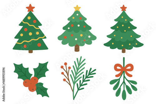 Christmas icon set. Vector collection of holiday elements. Cartoon Christmas trees with star, holly berry, mistletoe with bow. Simple flat design for greeting card, winter decor.