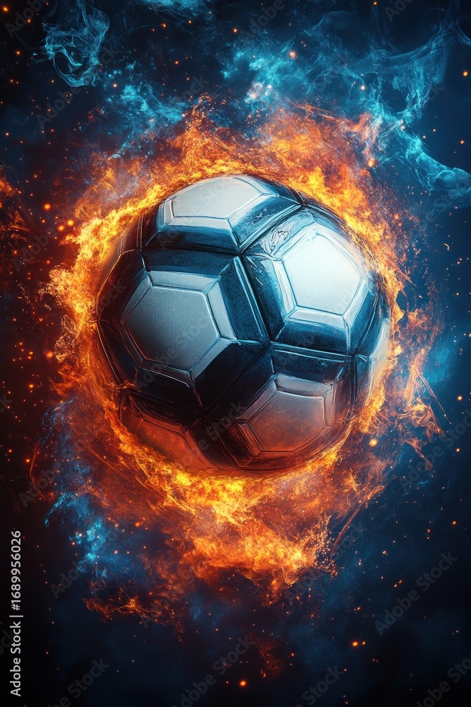 Fototapeta premium A soccer ball engulfed in bright fiery flames with contrasting blue smoke swirling around it, symbolizing intense energy and dynamic motion