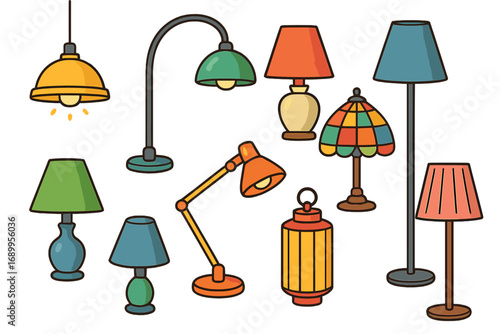 Colorful Variety of Lamps Displayed in Bright Interior, Showcasing Unique Designs, Shapes, Table Lamps, Floor Lamps, Pendant, Desk Lamps, Vector Cartoon Illustration Transparent Background