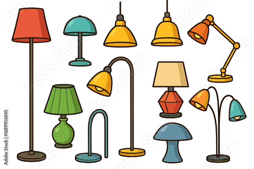 Variety of colorful lamps showcasing unique designs and shapes in a bright interior setting, vector cartoon illustration with diverse lighting styles and modern decor elements