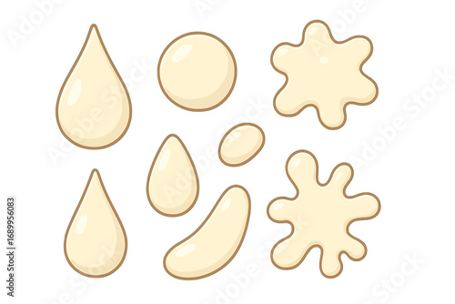 Set of creamy liquid drops and splashes. Collection of milk, yogurt or sauce spills. Vector cartoon illustration of different shape beige fluid droplets, splatters and blobs.