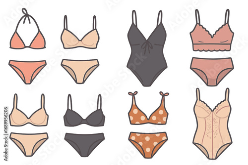 Various Lingerie and Swimwear Designs, Minimalistic Vector Cartoon Illustration Featuring Bikini Sets, Bodysuits, and Undergarments, Simple Fashion and Intimate Apparel Collection