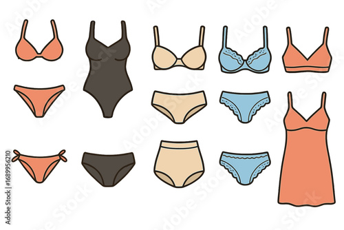 Various Lingerie and Swimwear Designs in Minimalistic Vector Cartoon Illustration, Including Bras, Panties, Bodysuits, and Nightdress with Transparent Background