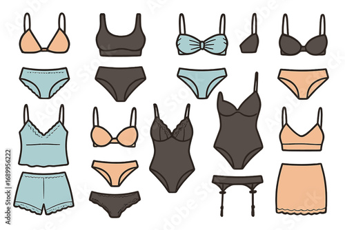 Various lingerie and swimwear designs showcased in simple minimalistic vector cartoon illustration featuring undergarments, bras, panties, camisoles, bodysuits, and lingerie accessories