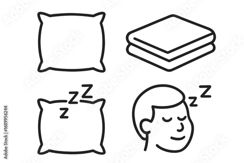 Pillow icon set for relaxation and sleep. Vector outline symbols for bed, comfort, and bedtime. Icons for napping, dreaming, and clean bedding. Rest and nap concepts.