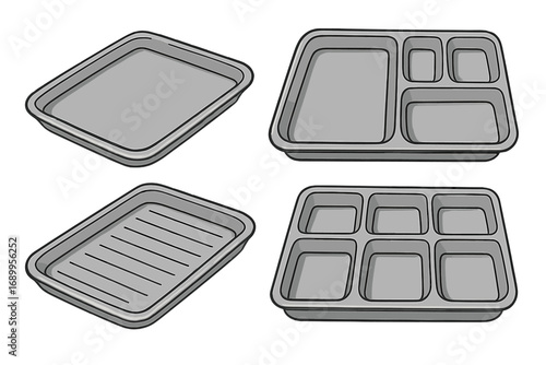 Various Styles of Gray Food Trays and Meal Compartments, Plastic and Metal Cartoon Vector Illustration for Dining, Catering, Food Service, Meal Preparation, and Kitchen Use