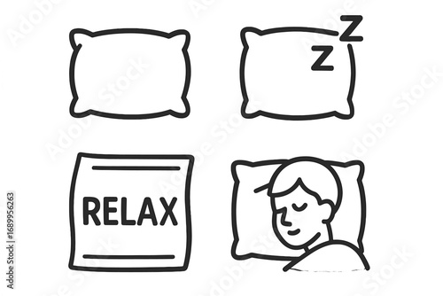 Pillow icon set for sleep and relaxation. Vector line art symbols for rest, napping, and comfort. Includes sleeping person, zzz sign, and relax text. Bedtime concept.