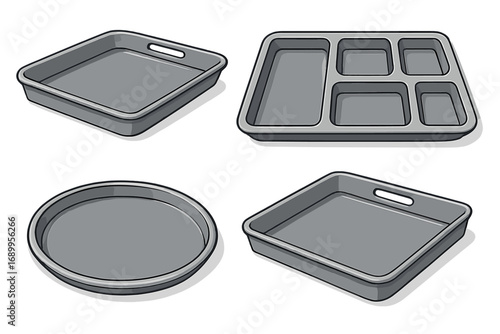 Various Gray Food Trays Collection for Dining and Meal Preparation, Vector Cartoon Illustration of Serving Trays in Different Styles and Compartments, Kitchen and Restaurant Essentials