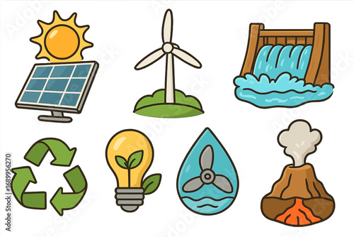 Renewable energy icon set. Green power sources concept. Solar panel, wind turbine, hydroelectric dam, geothermal energy. Sustainable, eco friendly vector cartoon illustration.